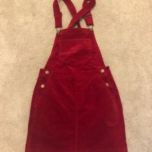 red overall dress